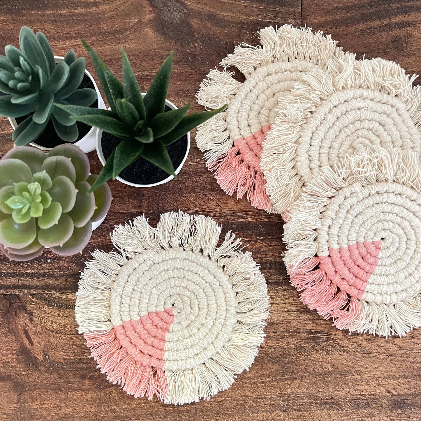 Macrame Coasters with Fringe, Set of 4