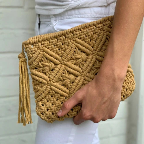 Macrame Clutch with Tassel - Cream or Tan