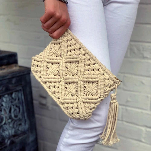 Macrame Clutch with Tassel - Cream or Tan