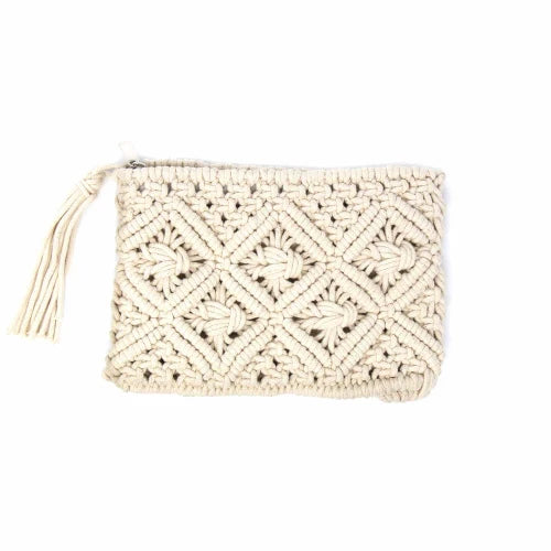 Macrame Clutch with Tassel - Cream or Tan