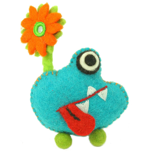 Hand Felted Blue Tooth Monster with Flower