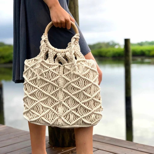 Macrame Handbag with Wooden Handle