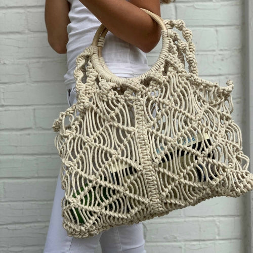 Macrame Handbag with Wooden Handle