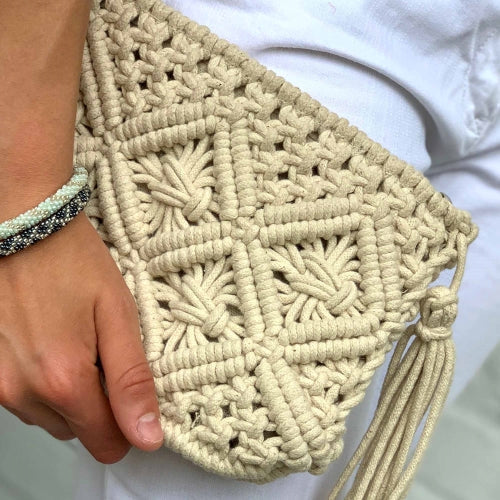 Macrame Clutch with Tassel - Cream or Tan