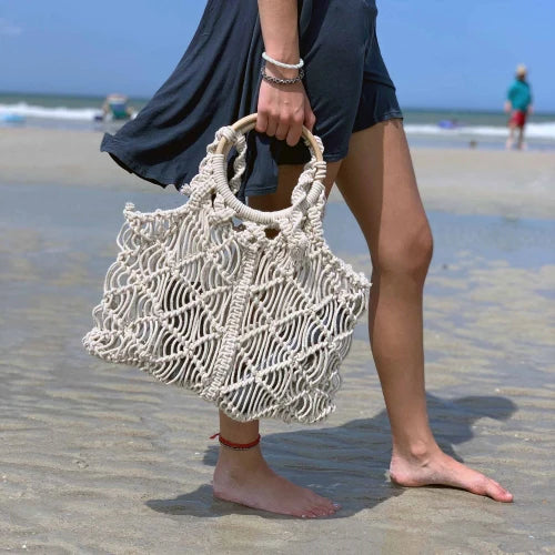 Macrame Handbag with Wooden Handle