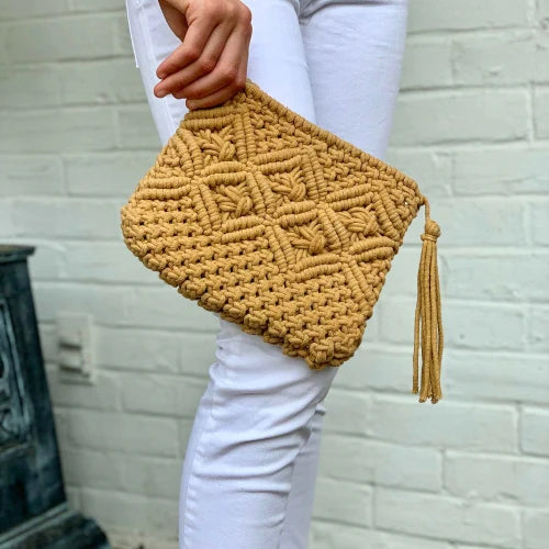 Macrame Clutch with Tassel - Cream or Tan